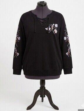 torrid Black Lace-Up Sweatshirt w/ Skeleton Floral Graphic Size 1 (14/16W)